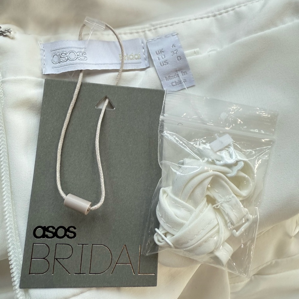 ASOS BRIDAL DESIGN EDITION Lila satin structured off shoulder mini wedding dress - Picture 9 of 12